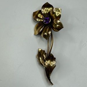 Vintage K & B 1/20 12K Flowery Brooch With Purple Stone
